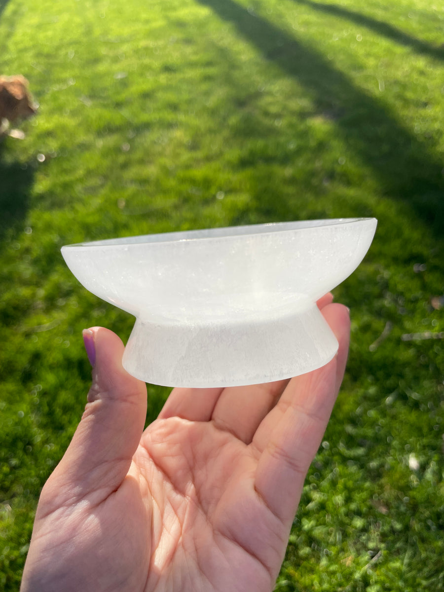 Selenite satin spar dish with stand cleansing energy