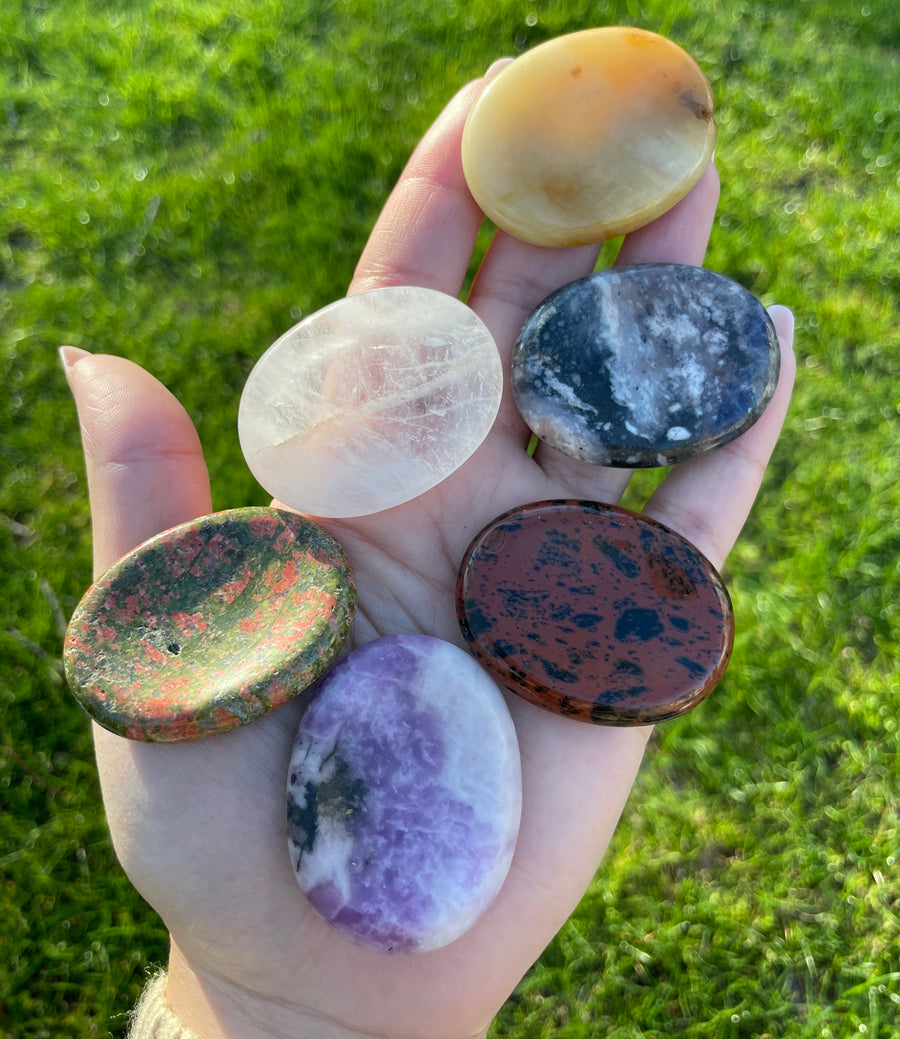 Stress relief pocket worry stone sodalite and mahogany obsidian left