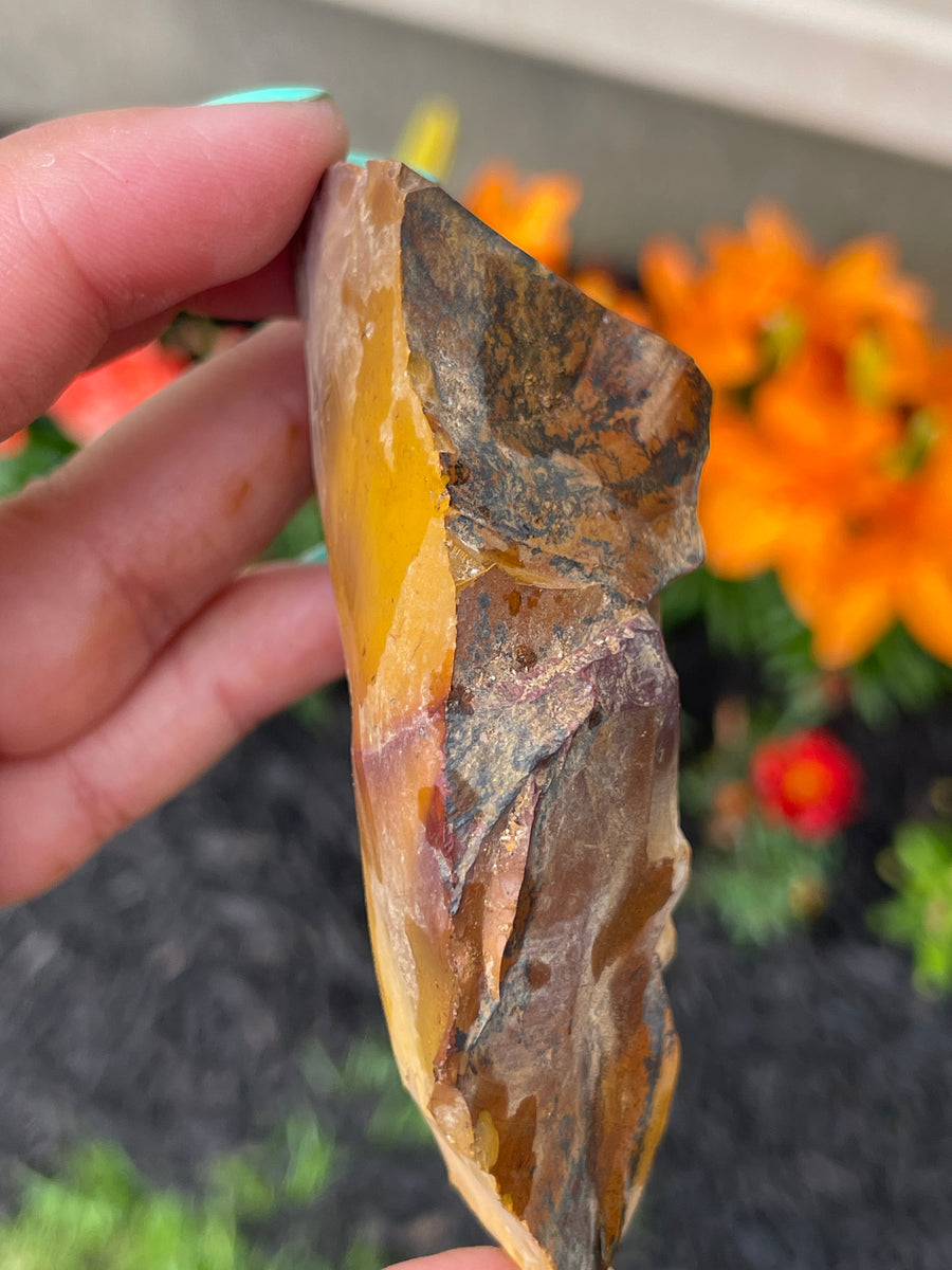 Raw mookaite chunk mostly yellow with red