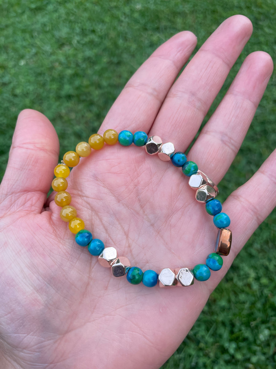 Blue and yellow vibes dyed howlite bracelet handmade