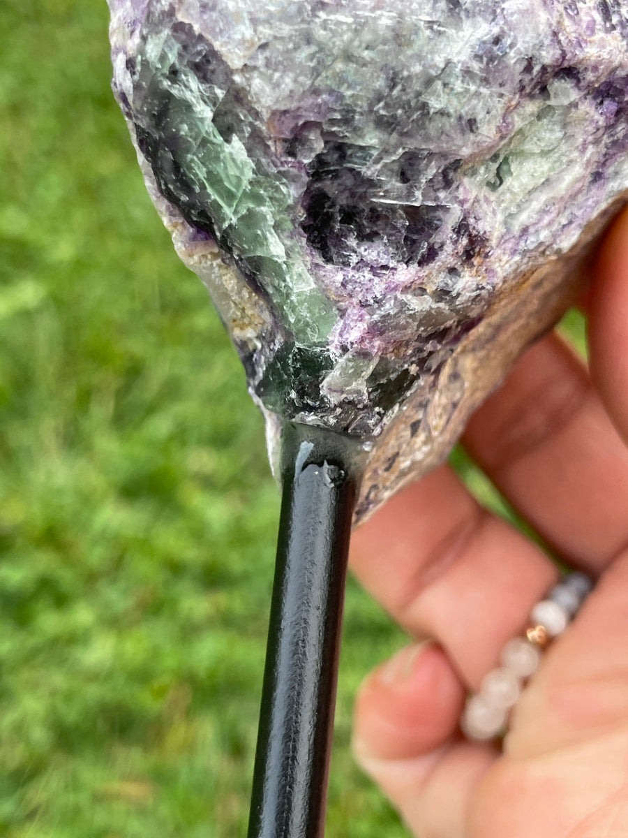 Raw Fluorite specimen on stand