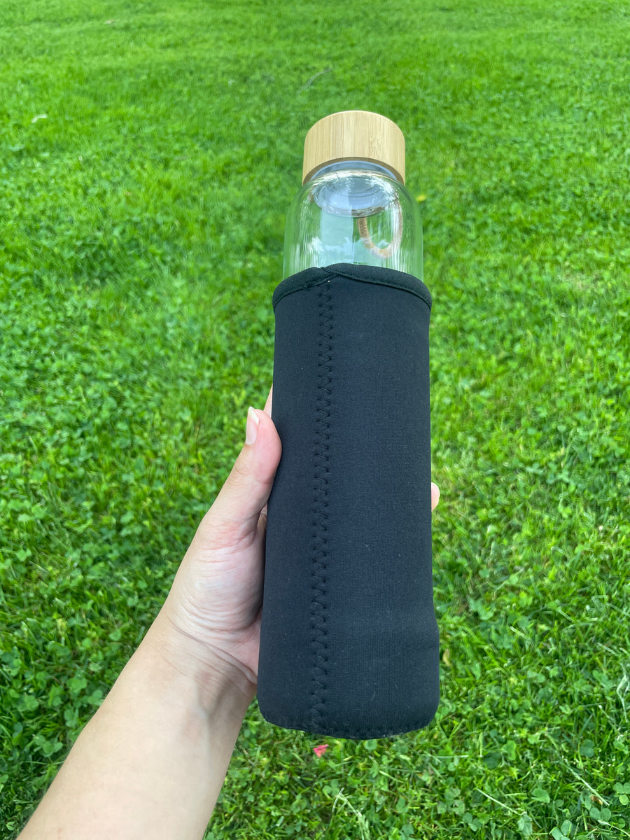 Amethyst chip water bottle with black sleeve