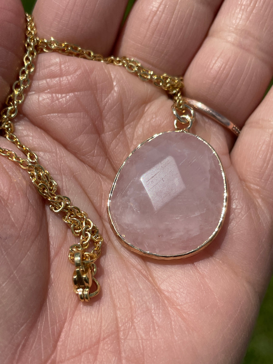 Rose quartz stainless steel gold chain necklace
