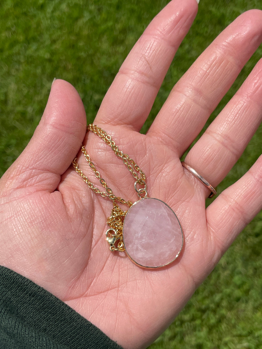 Rose quartz stainless steel gold chain necklace
