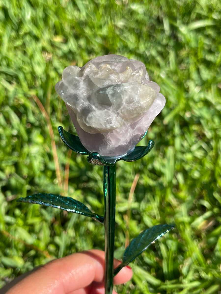 Fluorite crystal rose carving on metal stand