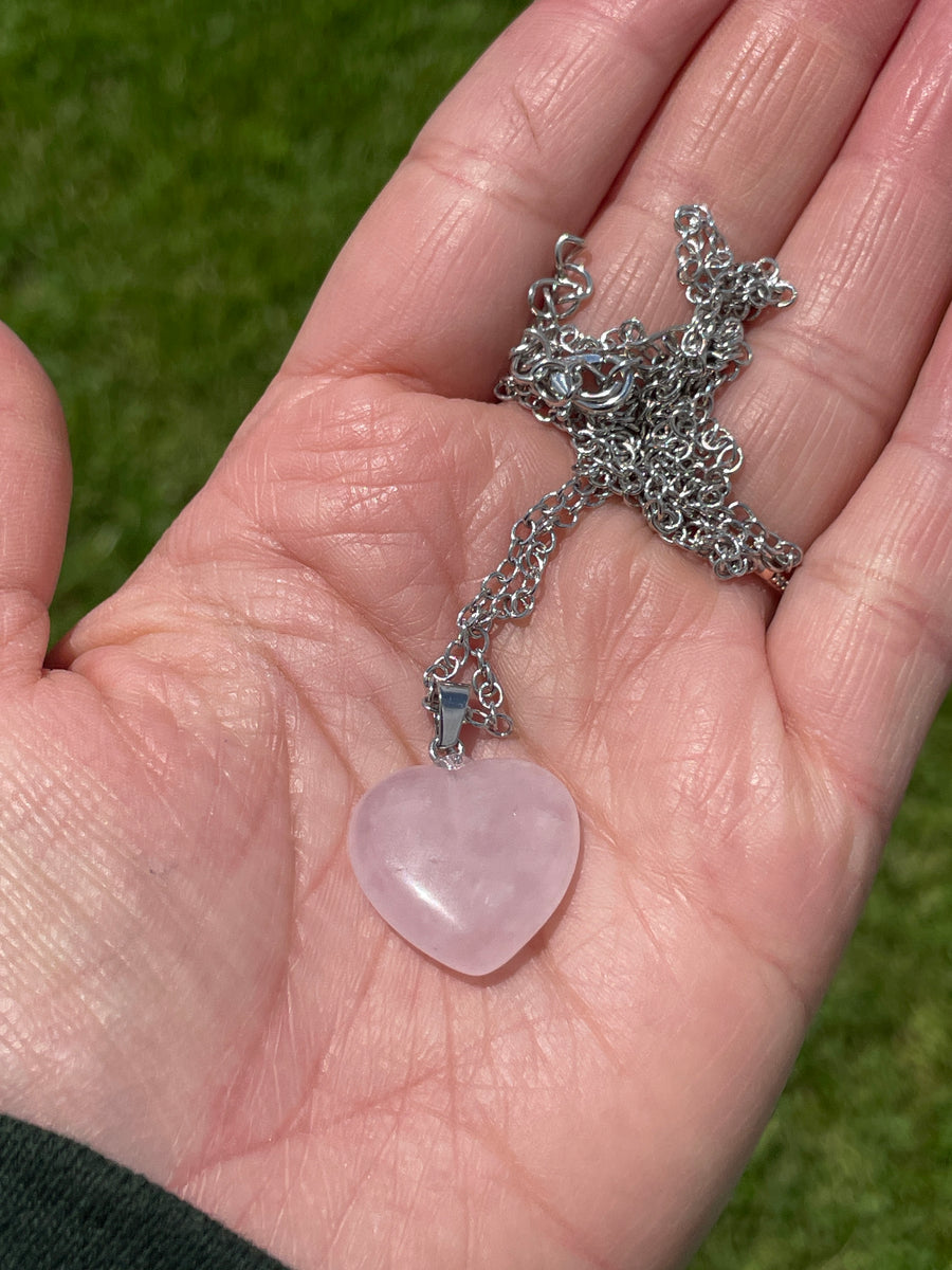 Rose quartz heart stainless steel chain necklace