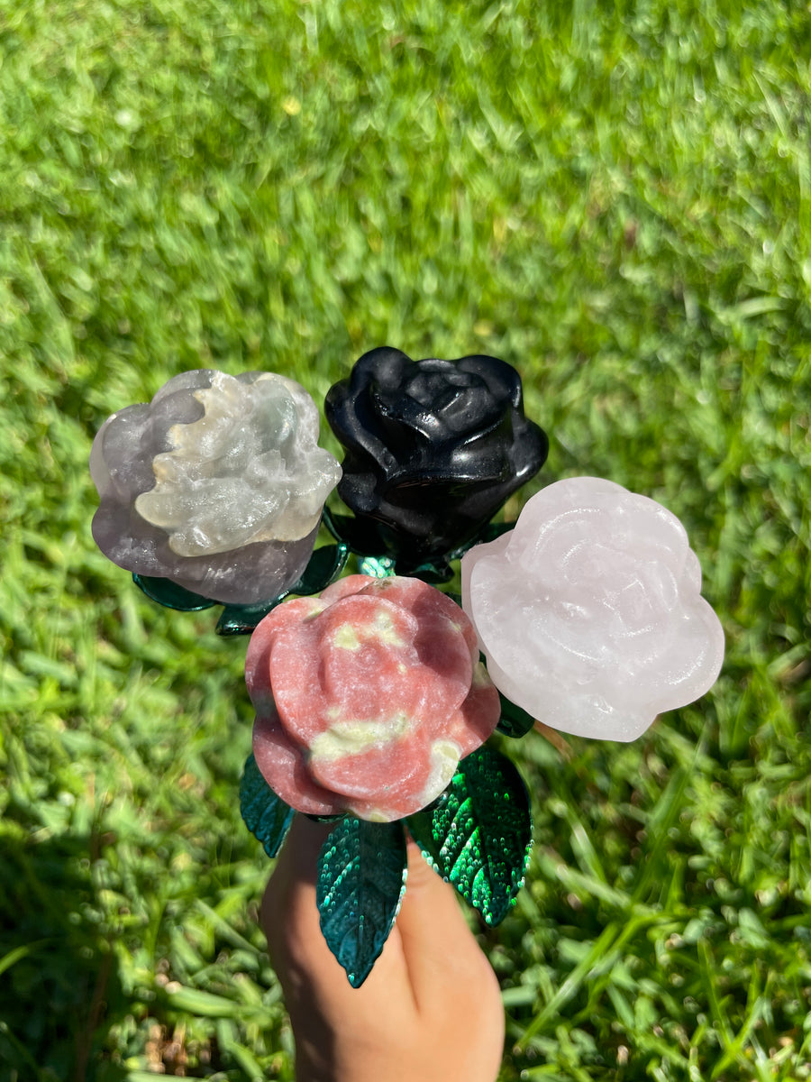 Fluorite crystal rose carving on metal stand