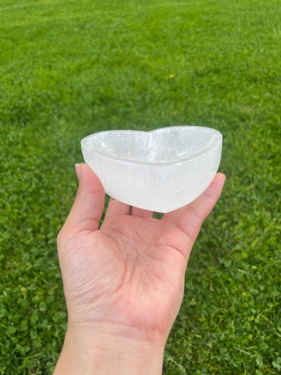 Selenite satin spar heart dish