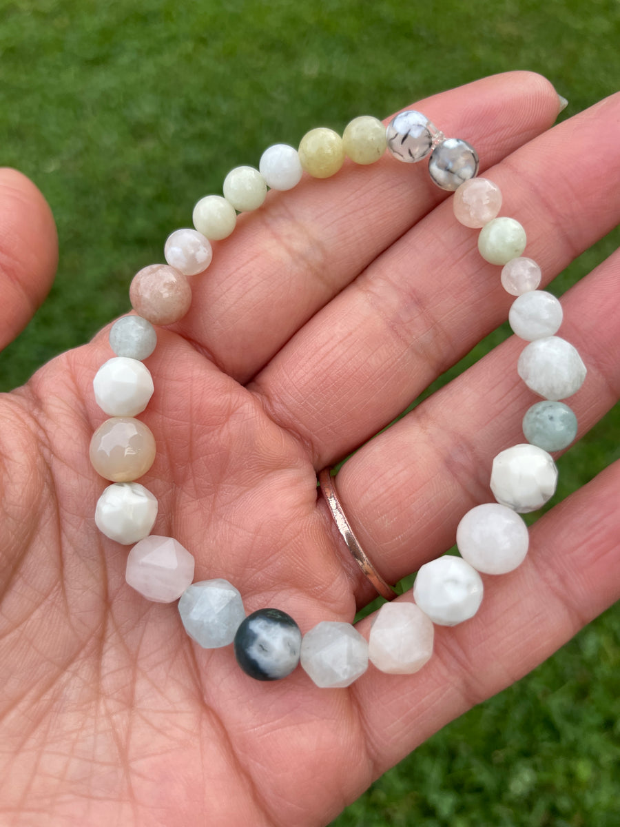 High vibration anxiety relief bracelet with moss agate center and orca agate