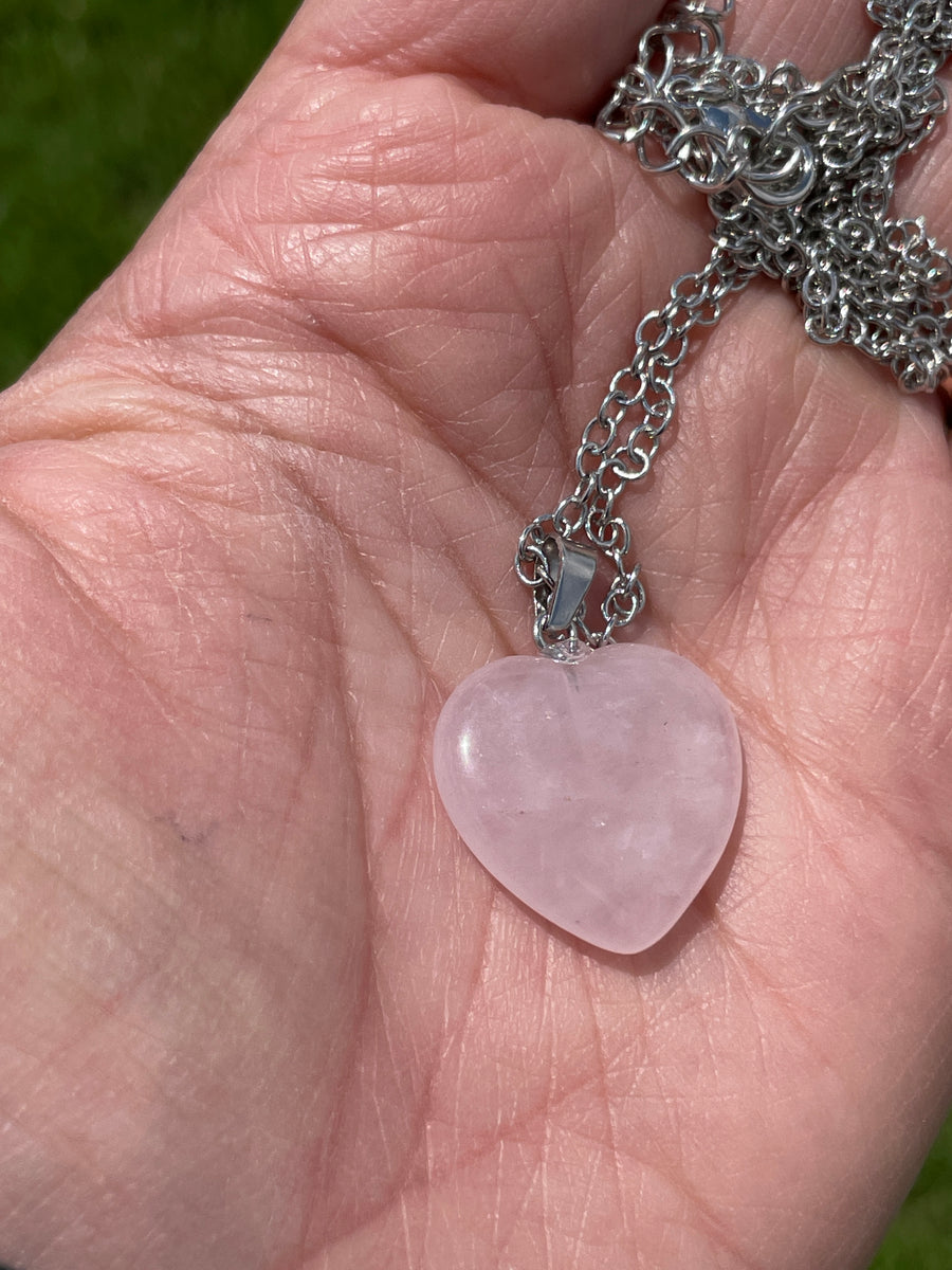Rose quartz heart stainless steel chain necklace
