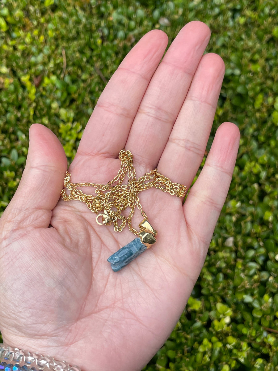 Blue Apatite Raw Dainty gold necklace hypoallergenic stainless steel chain.