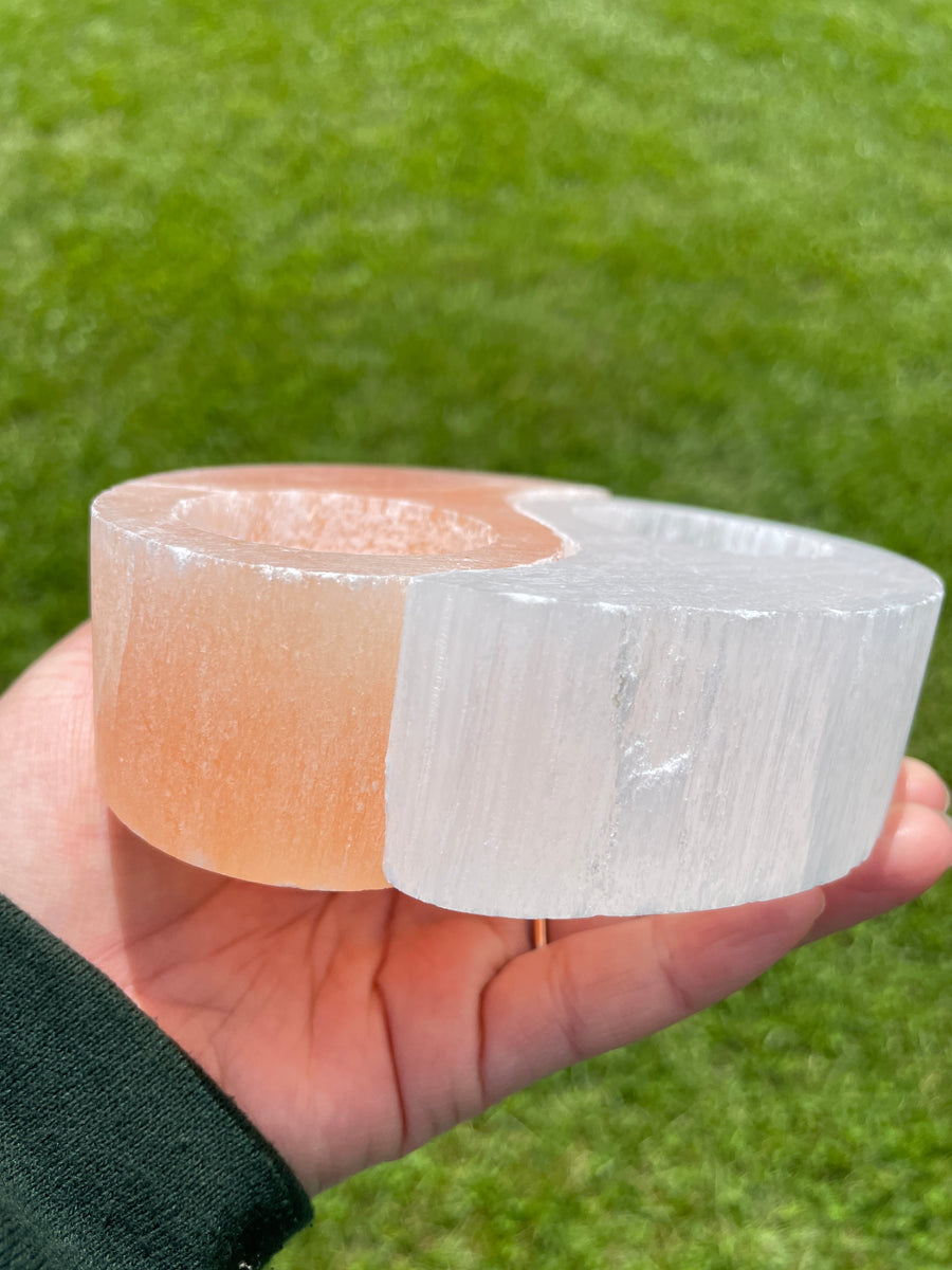 Selenite Yin Yang Candle or sphere Holder. Great for cleansing crystal jewelry