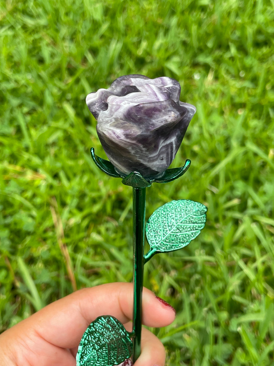 Chevron Amethyst rose crystal on metal stand