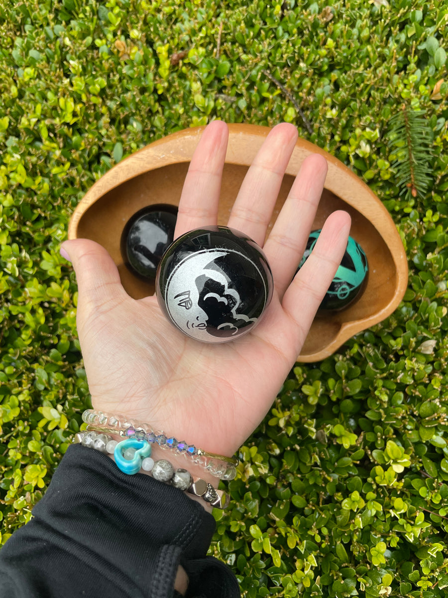 Black Obsidian carved sphere with crystal stone stand choose your design