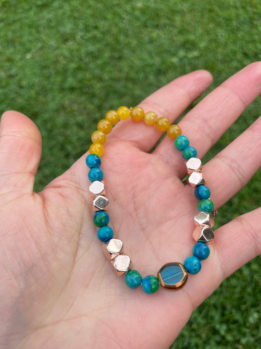 Blue and yellow vibes dyed howlite bracelet handmade