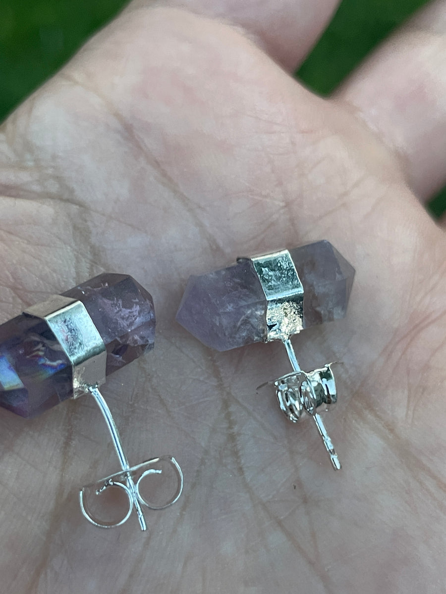 Amethyst double point earrings with rainbow