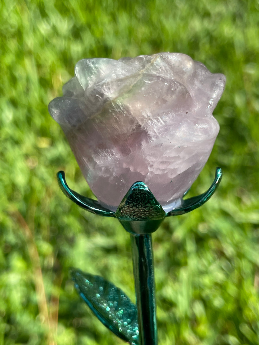 Fluorite crystal rose carving on metal stand