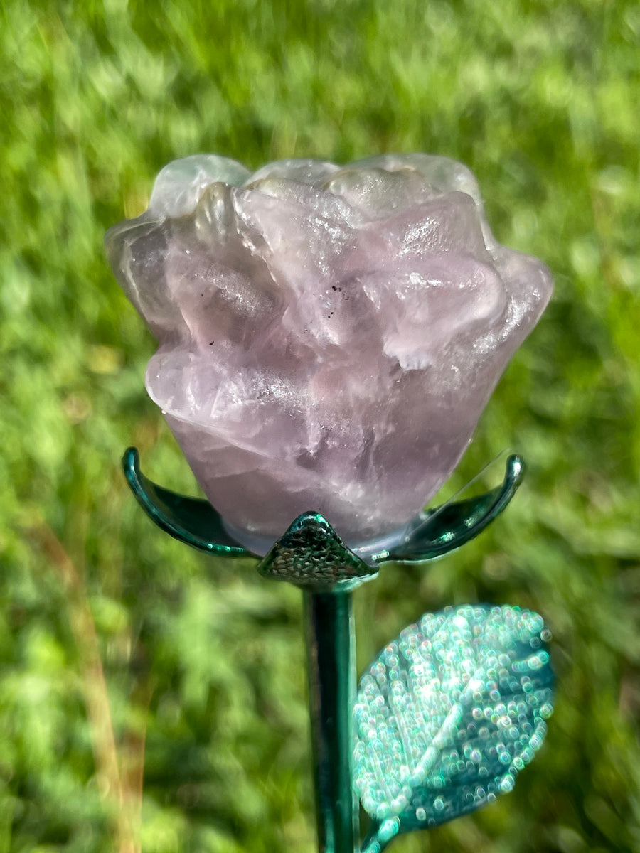 Fluorite crystal rose carving on metal stand