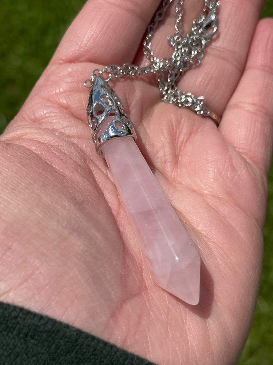 Rose quartz point stainless steel chain necklace