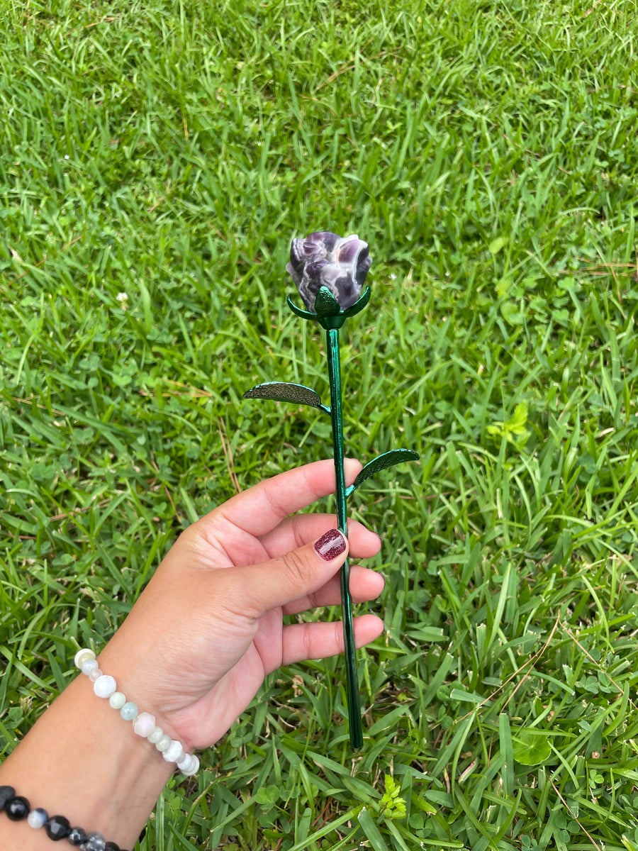 Chevron Amethyst rose crystal on metal stand