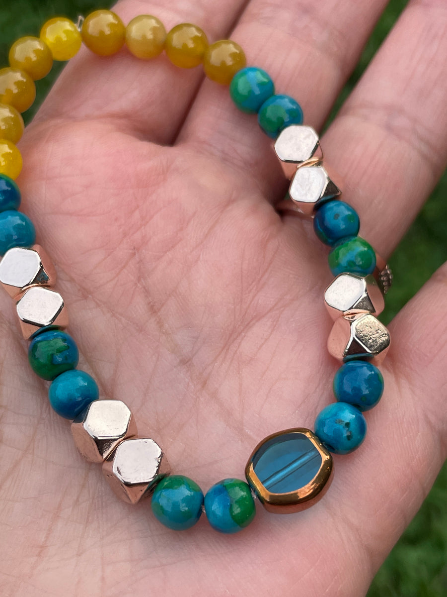 Blue and yellow vibes dyed howlite bracelet handmade