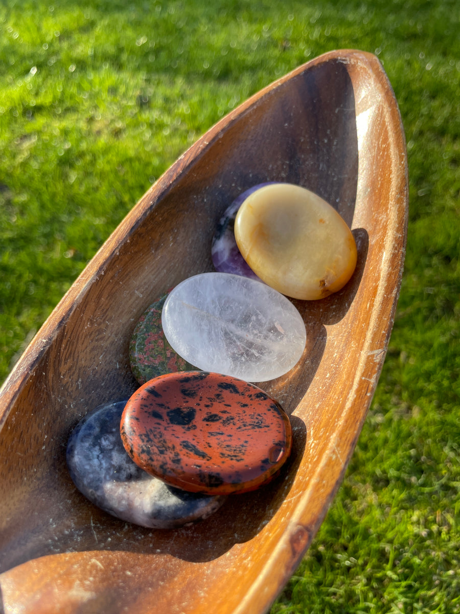 Stress relief pocket worry stone sodalite and mahogany obsidian left