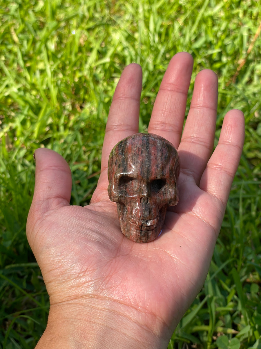 Red jasper black tourmaline and Quartz skull carving