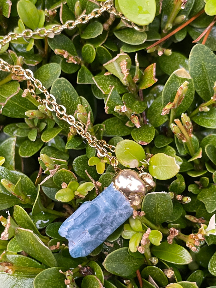 Blue Apatite Raw Dainty gold necklace hypoallergenic stainless steel chain.