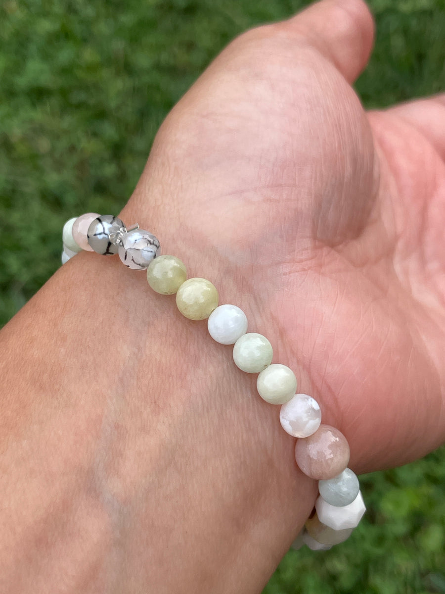 High vibration anxiety relief bracelet with moss agate center and orca agate