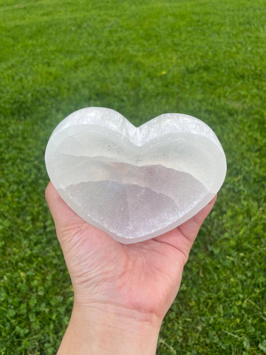 Selenite satin spar heart dish