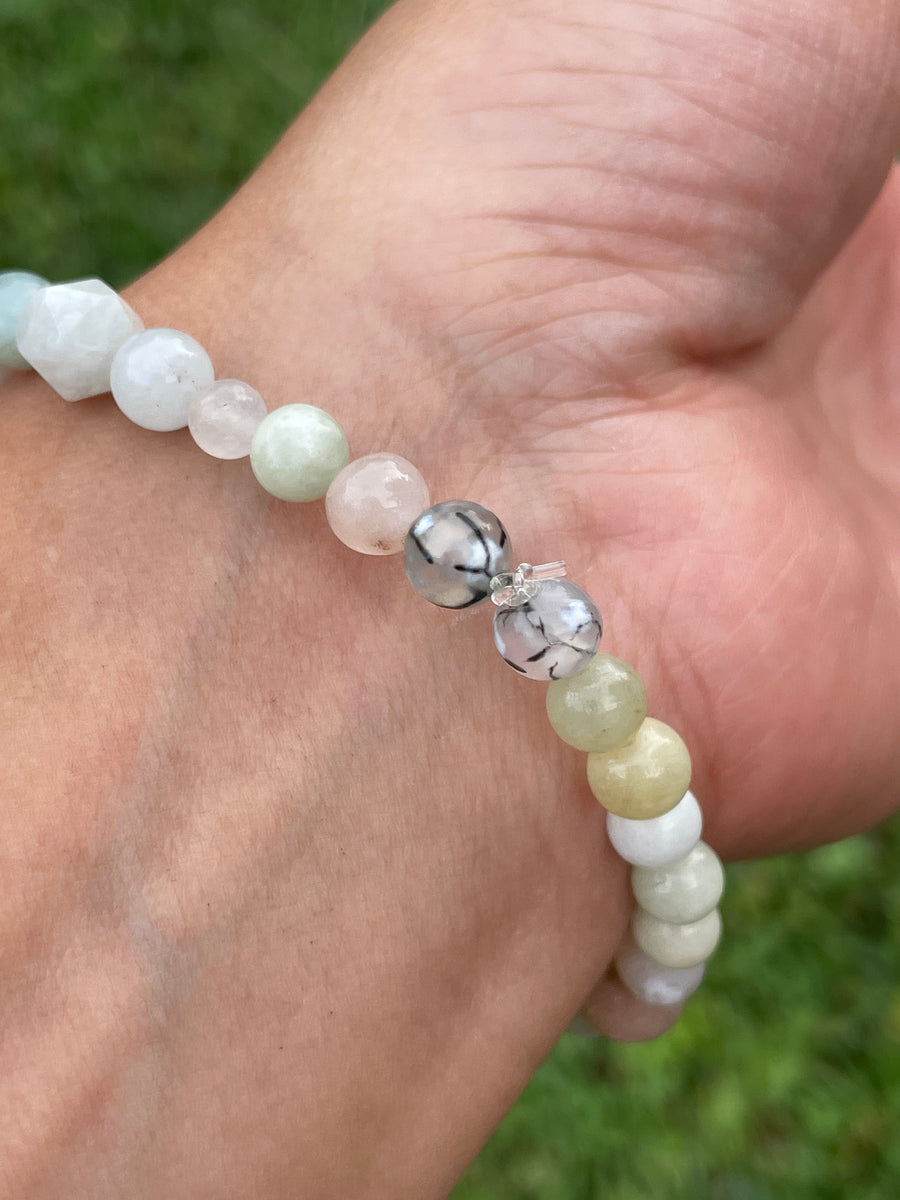 High vibration anxiety relief bracelet with moss agate center and orca agate