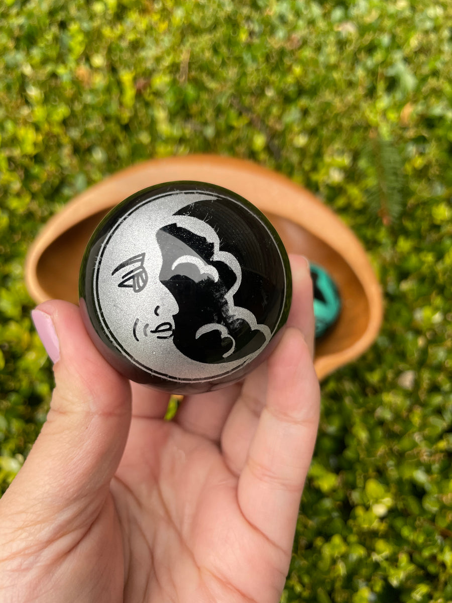 Black Obsidian carved sphere with crystal stone stand choose your design