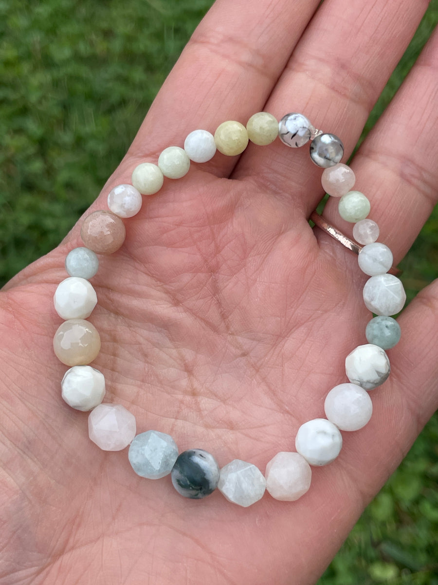 High vibration anxiety relief bracelet with moss agate center and orca agate