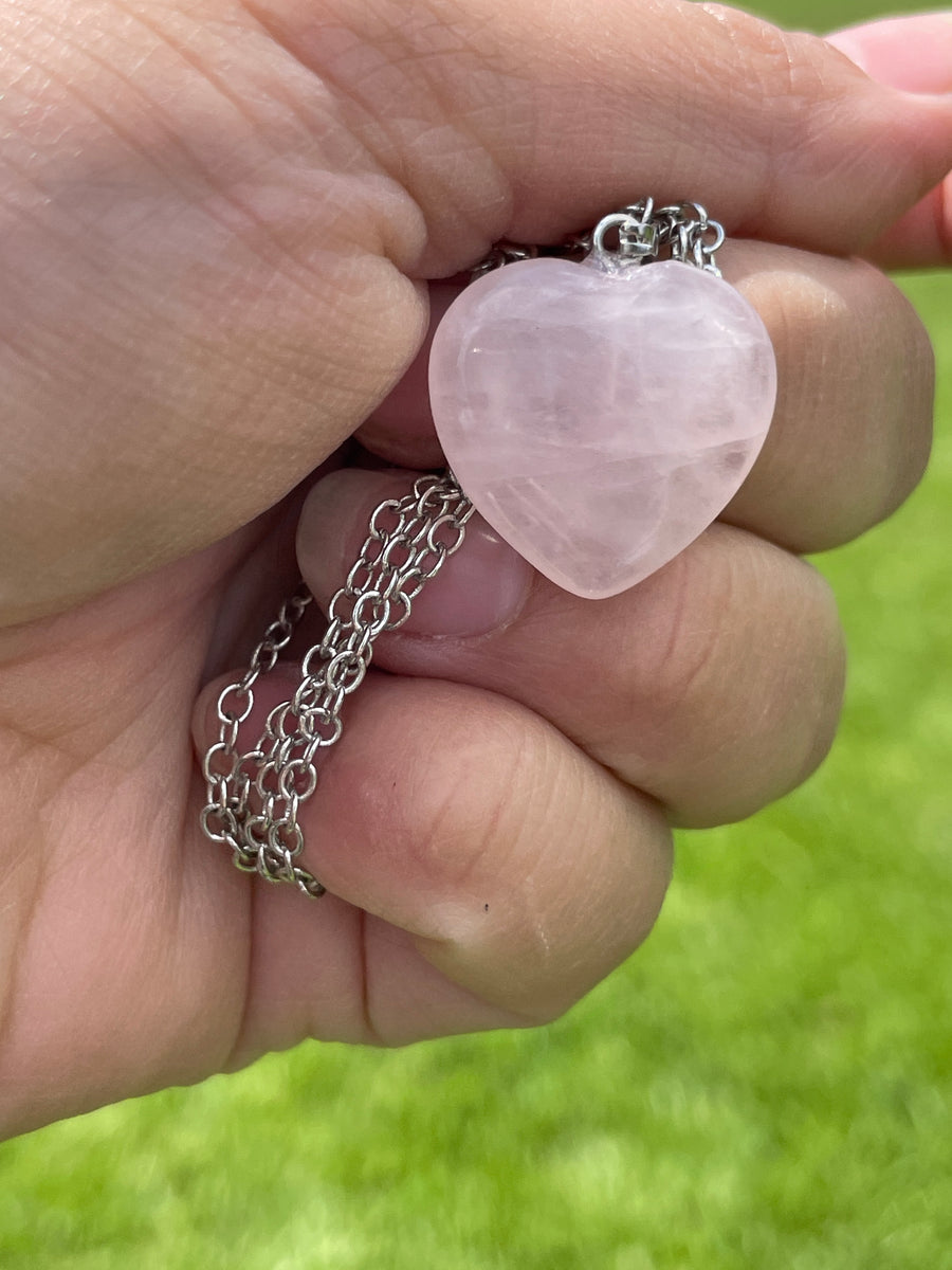 Rose quartz heart stainless steel chain necklace