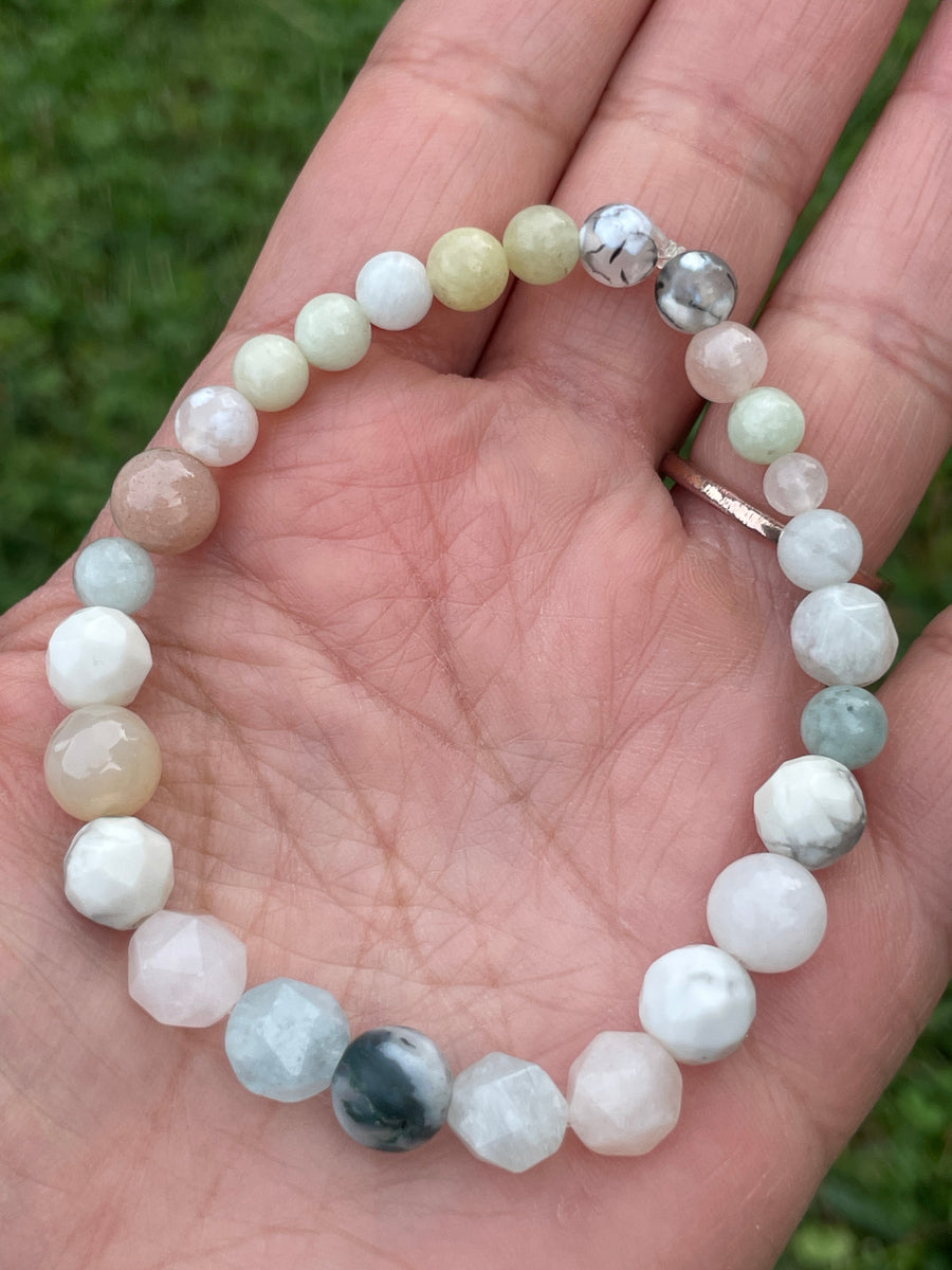 High vibration anxiety relief bracelet with moss agate center and orca agate