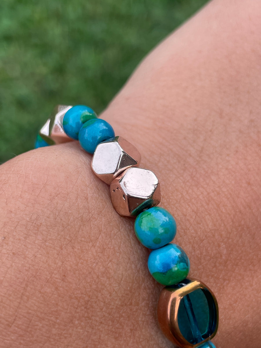 Blue and yellow vibes dyed howlite bracelet handmade