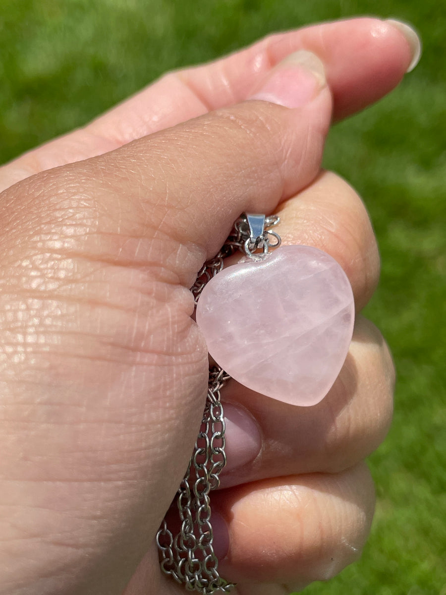 Rose quartz heart stainless steel chain necklace