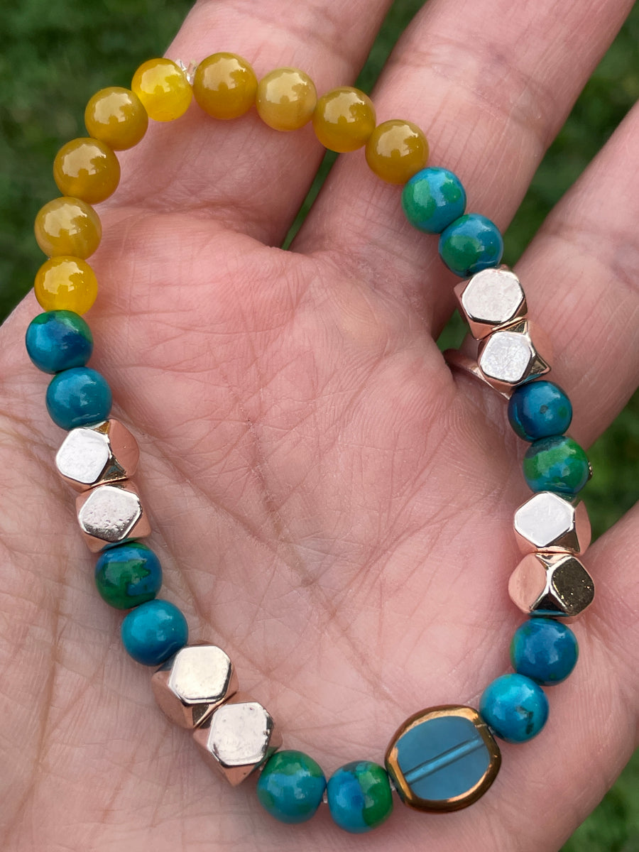 Blue and yellow vibes dyed howlite bracelet handmade