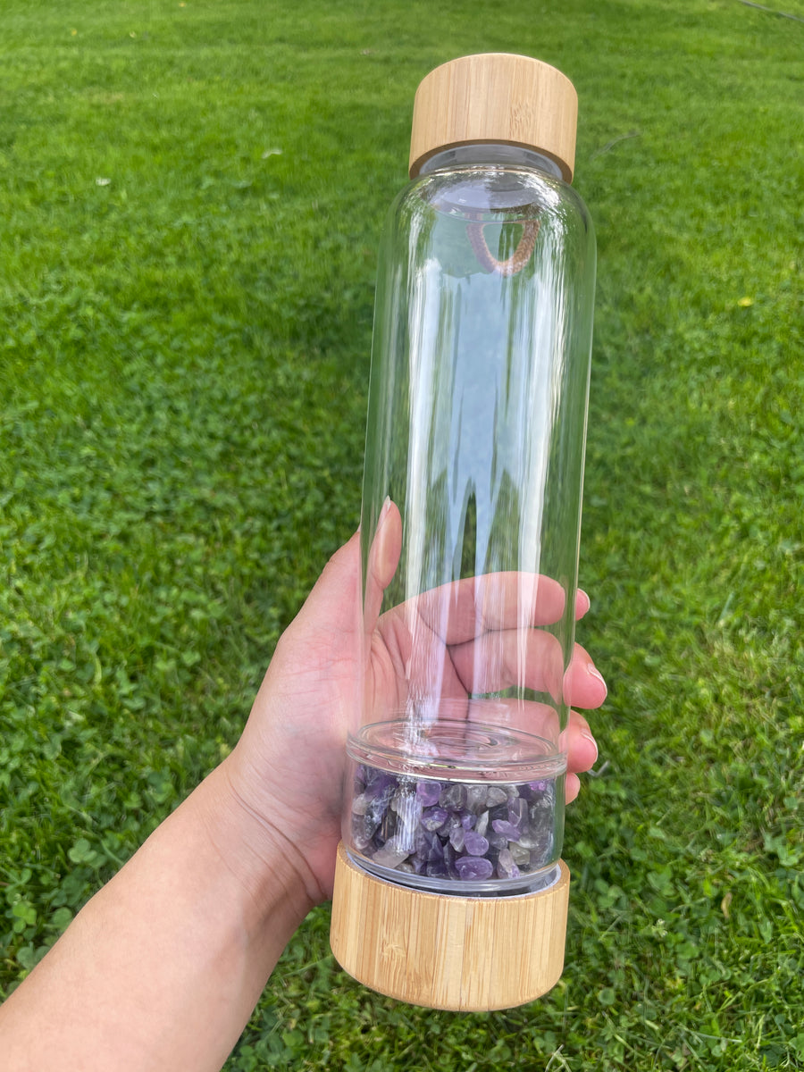 Amethyst chip water bottle with black sleeve