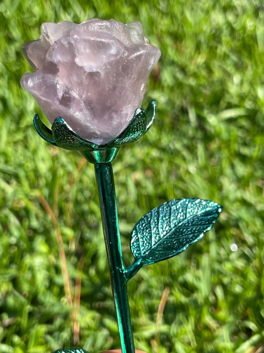 Fluorite crystal rose carving on metal stand