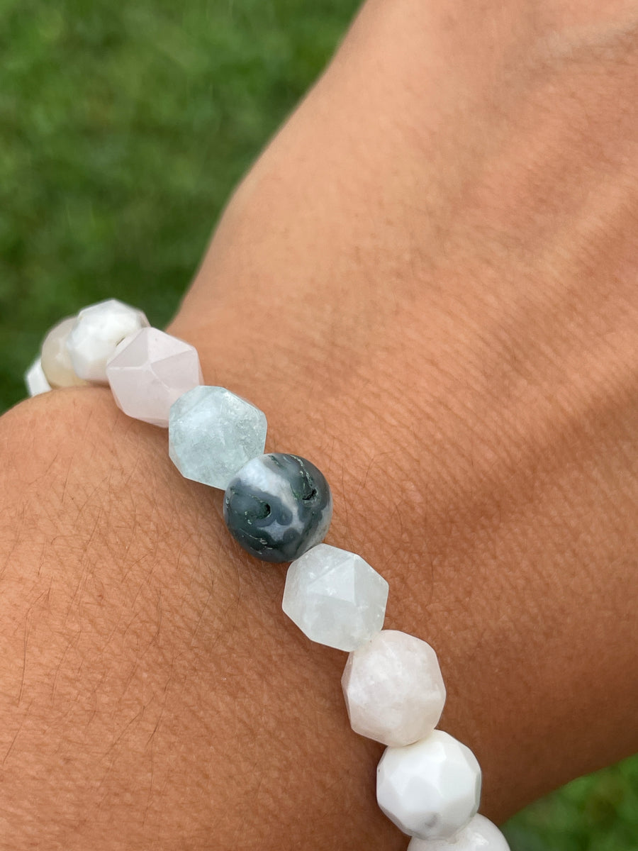 High vibration anxiety relief bracelet with moss agate center and orca agate