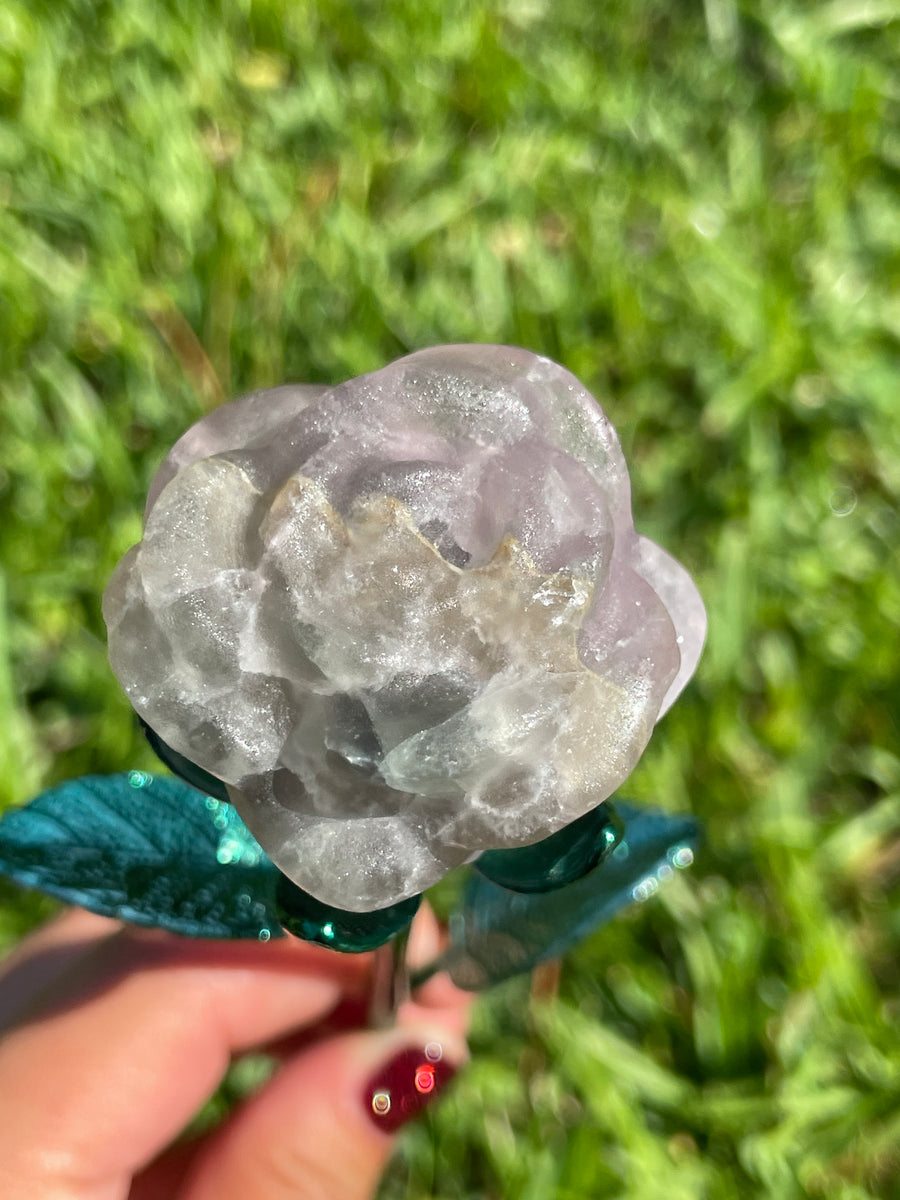 Fluorite crystal rose carving on metal stand