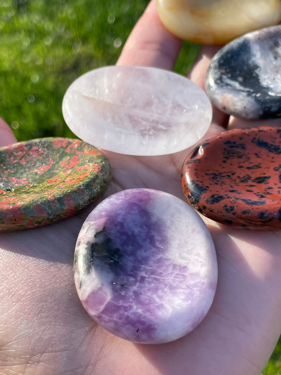 Stress relief pocket worry stone sodalite and mahogany obsidian left