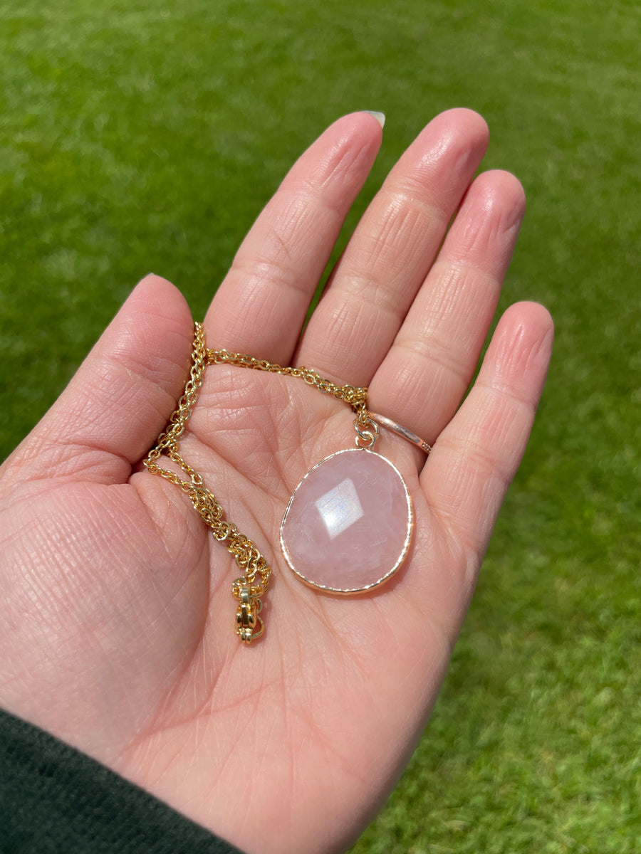 Rose quartz stainless steel gold chain necklace