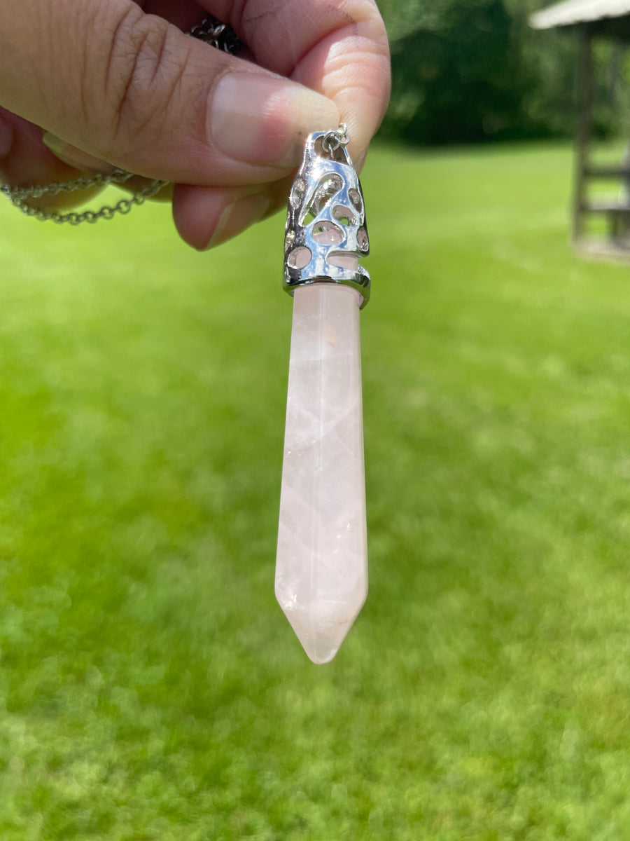 Rose quartz point stainless steel chain necklace