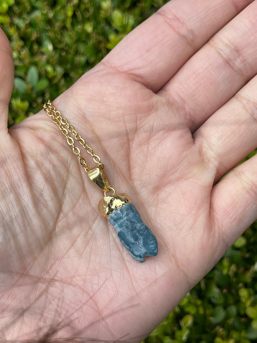 Blue Apatite Raw Dainty gold necklace hypoallergenic stainless steel chain.