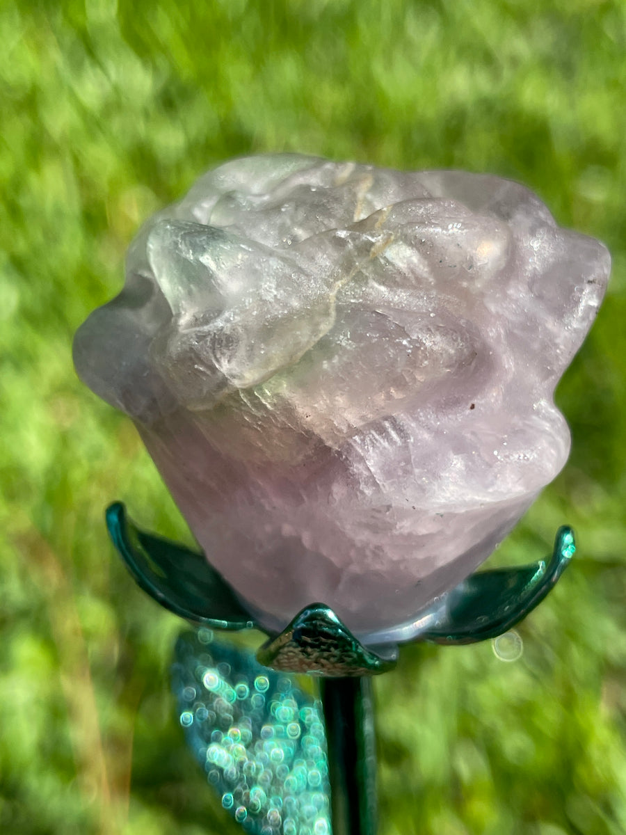 Fluorite crystal rose carving on metal stand