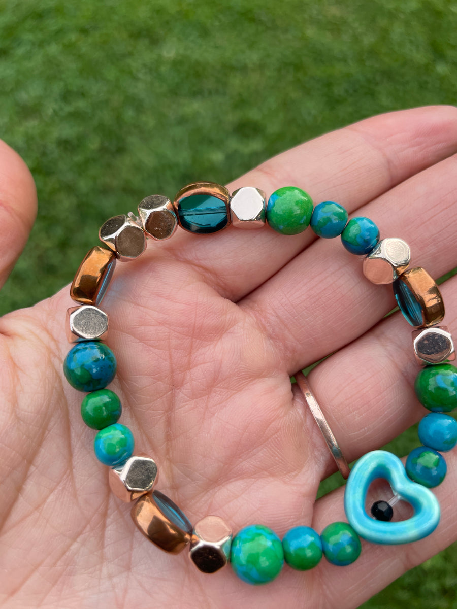 Blue vibes dyed howlite heart bracelet handmade