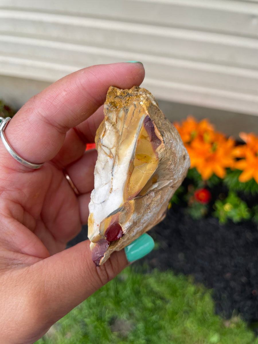 Raw mookaite chunk yellow white and red