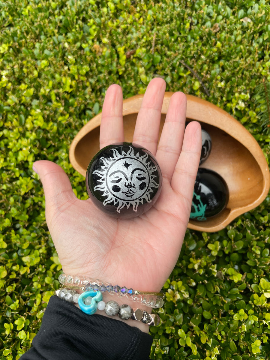 Black Obsidian carved sphere with crystal stone stand choose your design